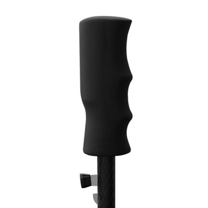 A close-up of a black umbrella handle, featuring a textured grip and a locking mechanism.