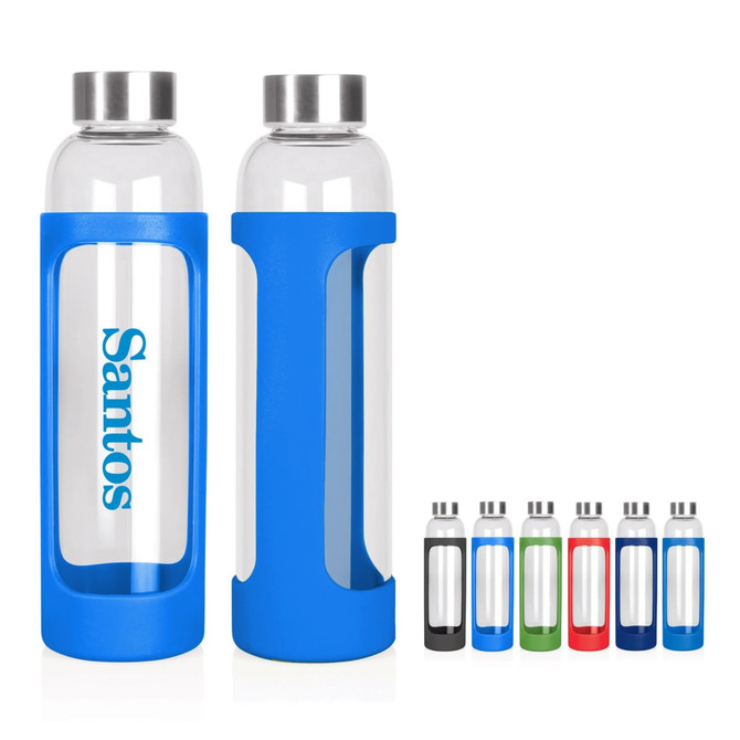 A drink bottle with a clear glass body and a vibrant blue silicone sleeve, featuring a metal lid. Several other coloured options are visible.