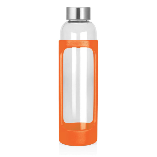 A drink bottle featuring a clear glass body and an orange silicone sleeve with a silver cap.