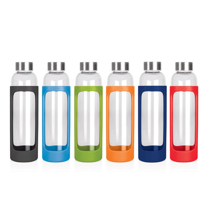 A drink bottle collection featuring transparent glass with colourful silicone grips in black, blue, orange, green, and red.