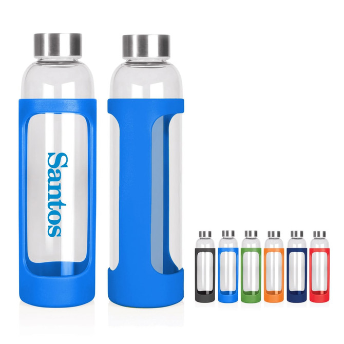 A drink bottle made of glass with a silver lid, featuring a blue silicone sleeve, alongside bottles in various colours.