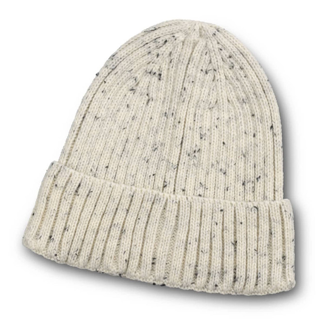 A cream beanie with a speckled design and a folded cuff, featuring a branded logo.