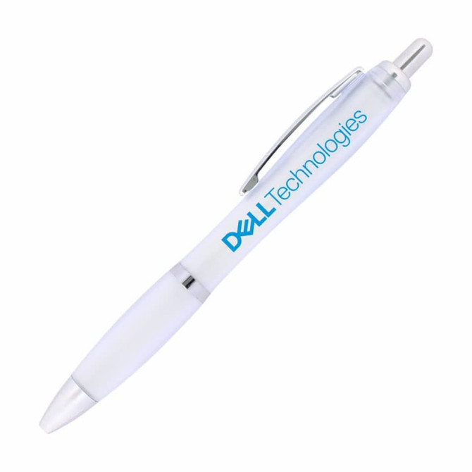 A plastic ballpoint pen with a frosted white body and blue ink. It features a logo on the side.
