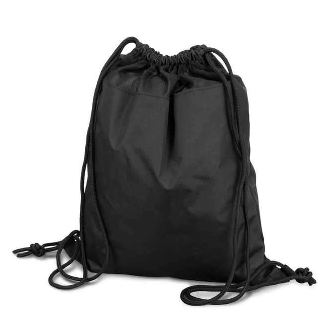 A black drawstring backpack with a cinched top and cords, featuring a logo.