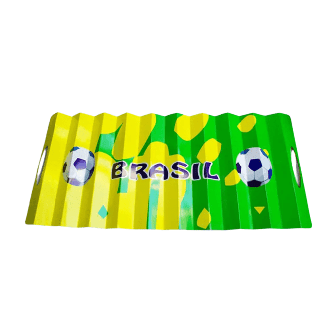 A novelty cardboard clapper featuring green and yellow stripes with soccer balls and branding.
