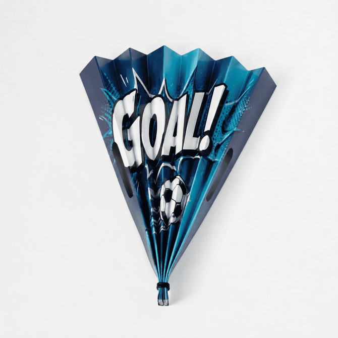 A cardboard clapper in blue hues, features a goal-themed design with a soccer ball and comic-style text.
