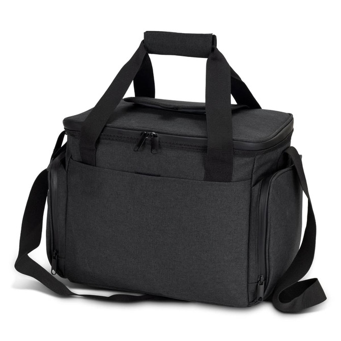 A dark grey cooler bag with a zippered top, adjustable shoulder strap, and sturdy handles. Features a logo.