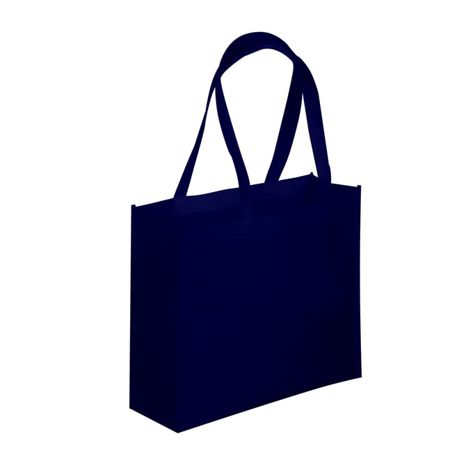 A navy blue tote bag with two shoulder straps and a simple design, featuring a logo on one side.