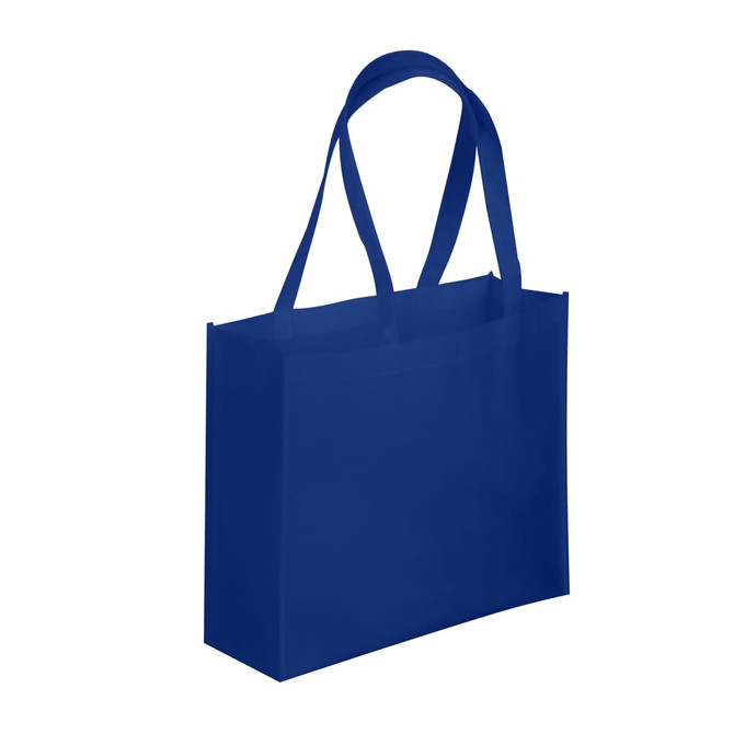 A navy blue tote bag with sturdy handles and an interior space. It features a logo on the front.