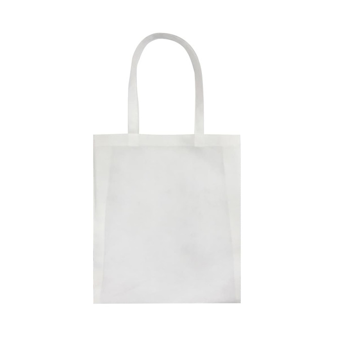 A white tote bag featuring two handles and a blank surface, suitable for custom branding options.