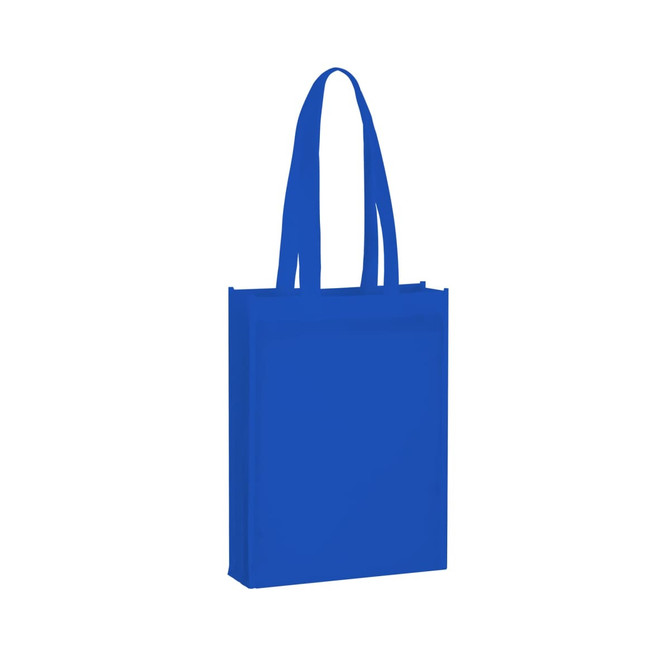 A blue non-woven tote bag with long handles and a simple design. It features a logo.