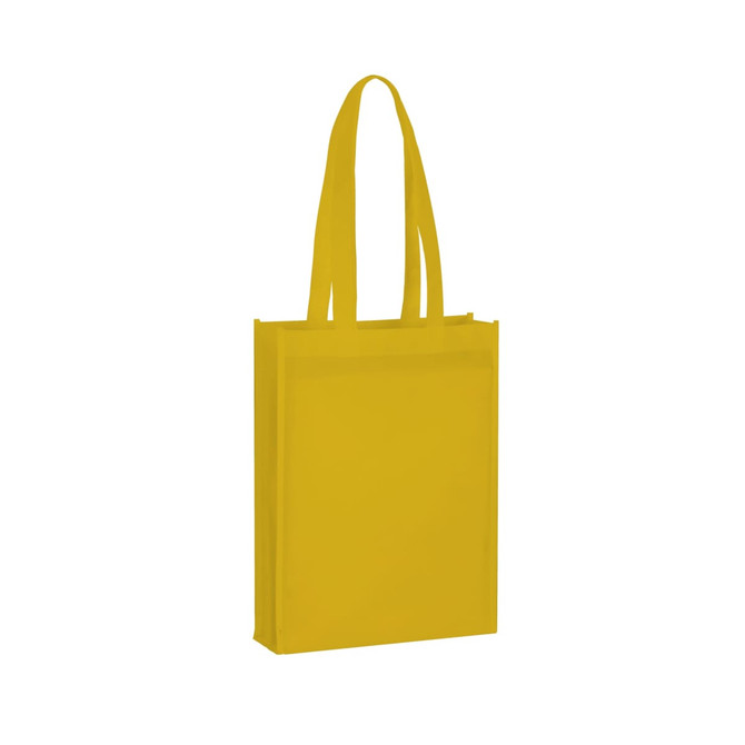A yellow non-woven tote bag with two long handles and a flat, spacious design. Features a logo.