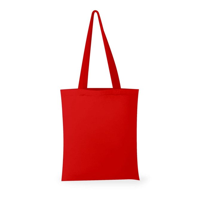 A red canvas tote bag featuring two long handles and a simple design. It has a logo on one side.