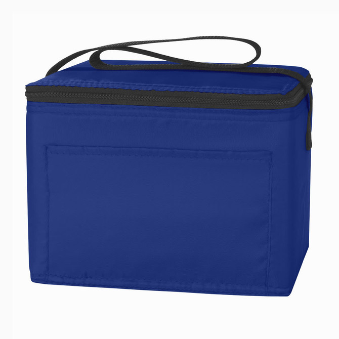 A blue nylon cooler bag with a zippered top and a carry strap. It has a front pocket and features branding.