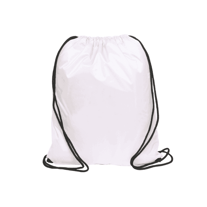 A white nylon drawstring bag with black strings and a logo.
