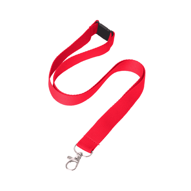 A red flat ribbed lanyard, 20mm wide, featuring a clip and a buckle. Suitable for holding IDs or badges.