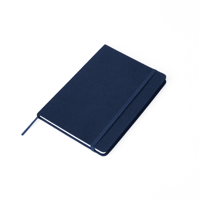 A navy RPET notebook with a textured cover and an elastic band closure, featuring a ribbon bookmark.