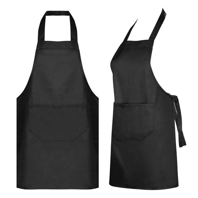 A black apron with a front pocket and adjustable neck straps. It has a simple and sleek design.