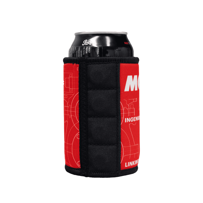 A red stubby holder with a black lining, featuring a logo and designed to hold a drink can securely.