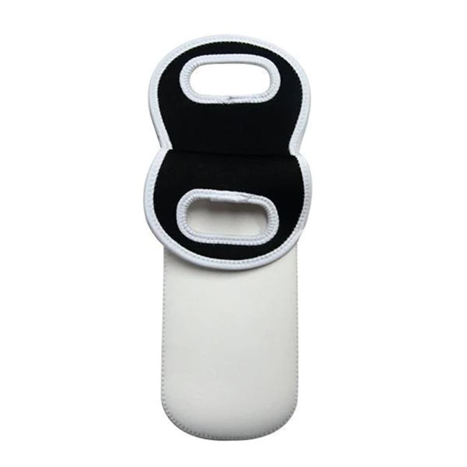 A drink bottle holder in black and white neoprene with two handle cutouts. It features a simple design and has a logo.