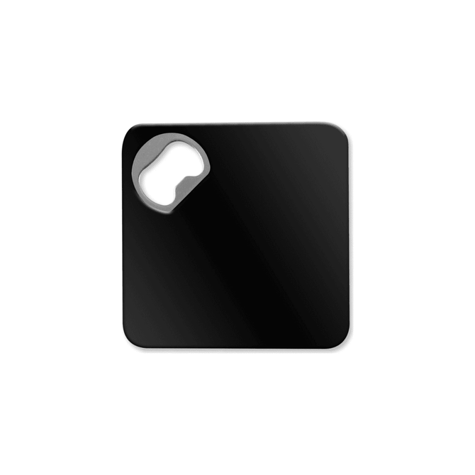 A drink bottle opener and coaster in sleek black with a rounded corner for easy bottle opening. Features a logo.