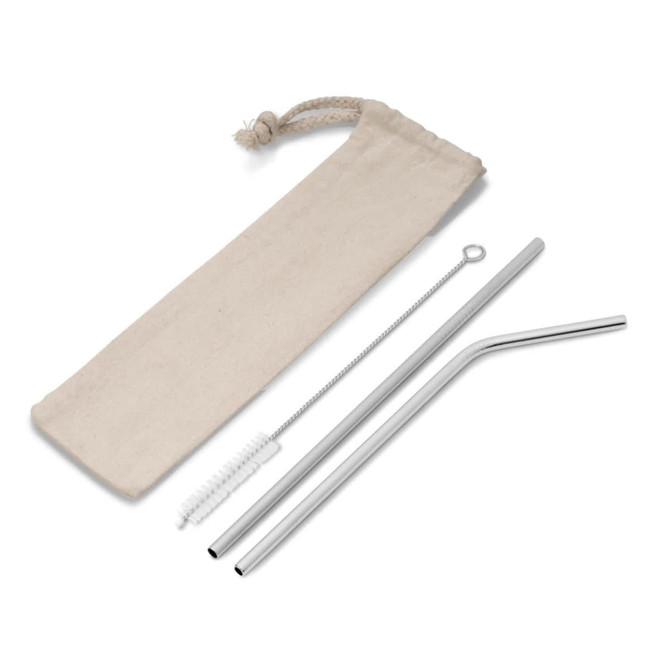 A set of reusable steel straws in silver, accompanied by a cleaning brush and a natural cotton carry pouch.