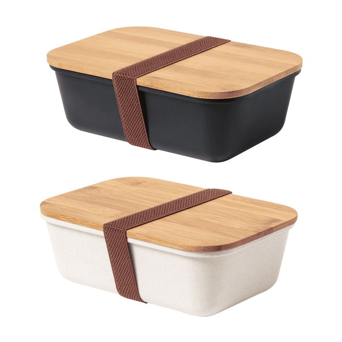 A black and a white lunch box with wooden lids, both secured with a brown elastic strap. Each has a sleek, modern design.