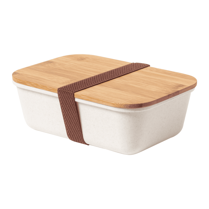 A natural lunch box in cream with a bamboo lid, secured by a brown elastic strap, featuring a logo.