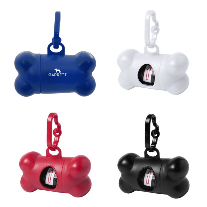 A collection of four bone-shaped dog waste bag dispensers in blue, white, red, and black, featuring a clip for attachment.