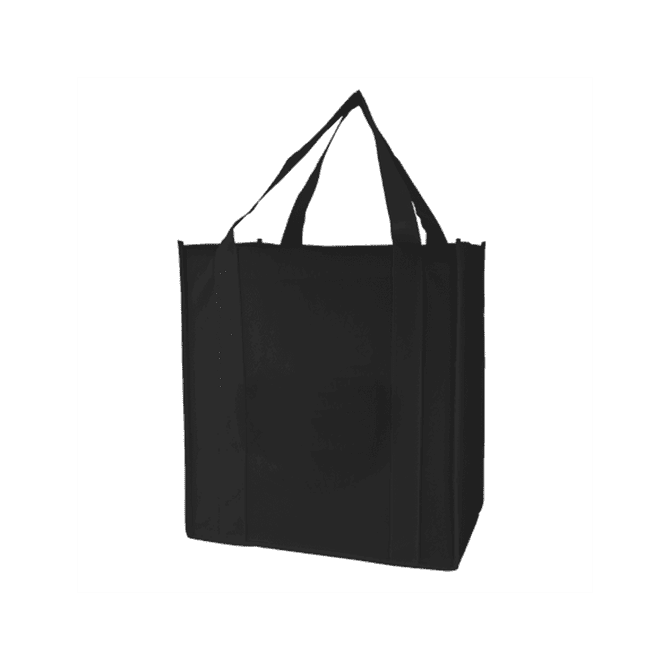 A black tote bag with sturdy handles and a simple design. Features a logo on the front.