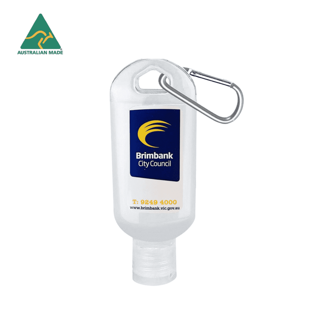 A clear hand sanitiser bottle with a carabiner, featuring a logo, suitable for personal hygiene.