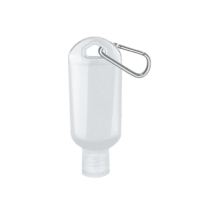 A clear 60ml hand sanitiser bottle with a carabiner attachment. The bottle is made in Australia.