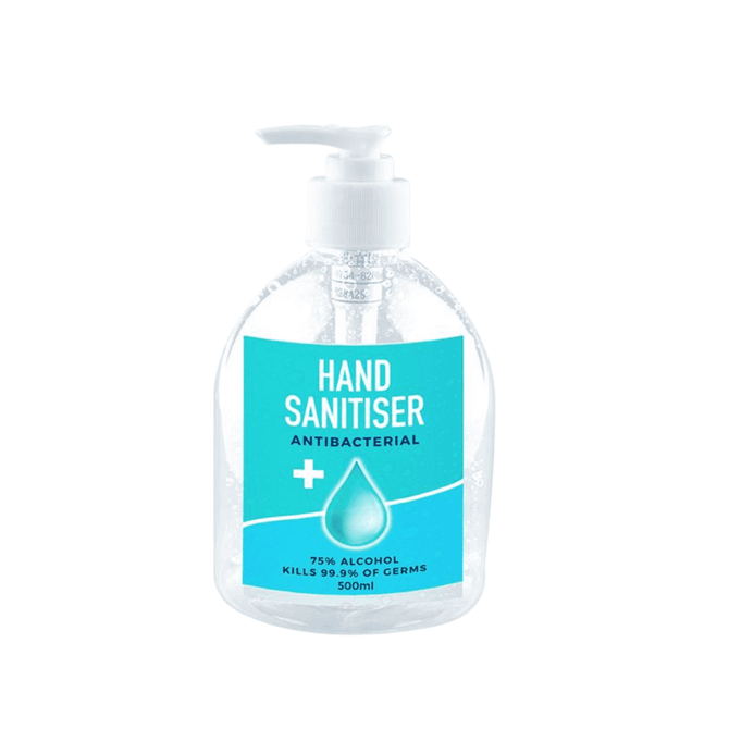 A clear, antibacterial hand sanitiser in a pump bottle, featuring a blue label, 500ml capacity.