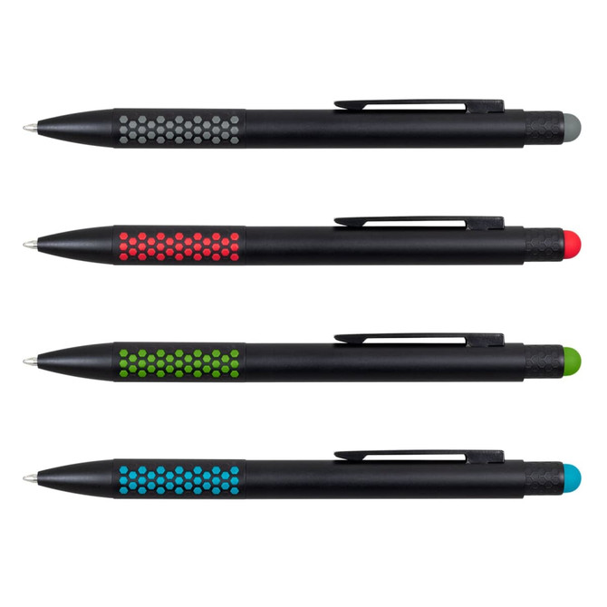 A set of four stylus pens in black with grey, red, green, and blue accents, each featuring a logo.