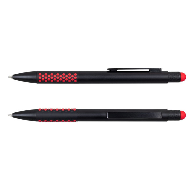 A black stylus pen featuring red accents and a textured grip, with a logo visible on its surface.