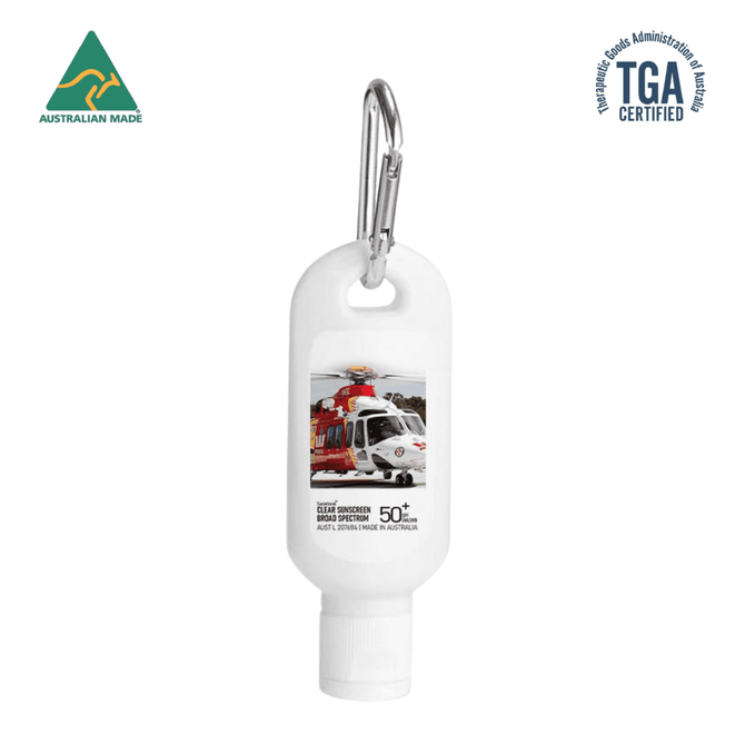 A white 60ml sunscreen lotion with SPF 50, featuring a carabiner for easy attachment and a logo.