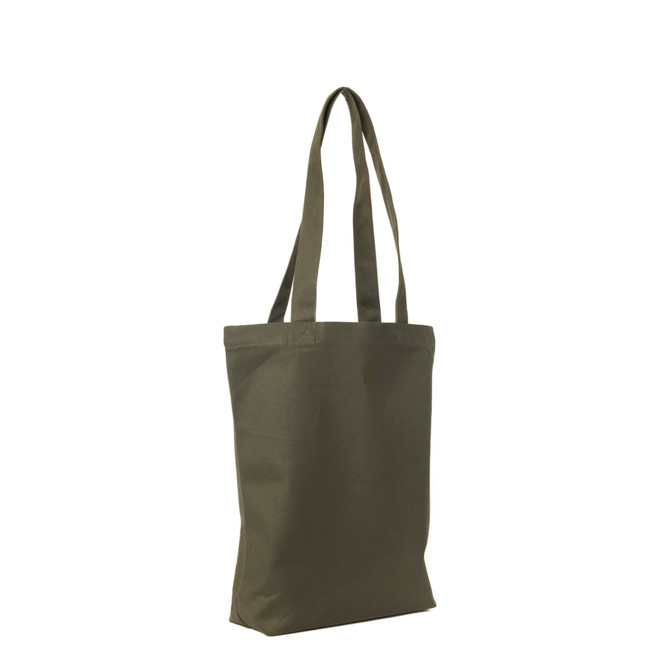 A green canvas tote bag with long straps and a simple design, featuring a logo.
