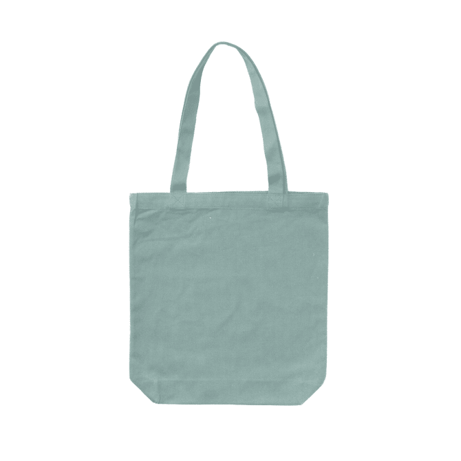 A light teal tote bag with two handles and a plain design, featuring a small logo.