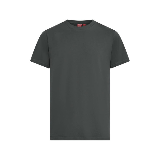 A short-sleeved, dark green cotton T-shirt featuring a branding logo.