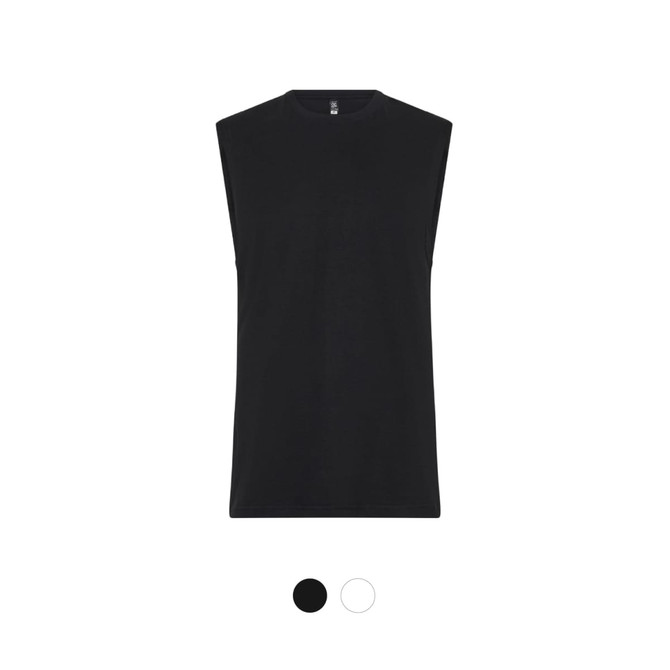 A black men's tank top with a sleeveless design, featuring a logo detail. Available in black and white.