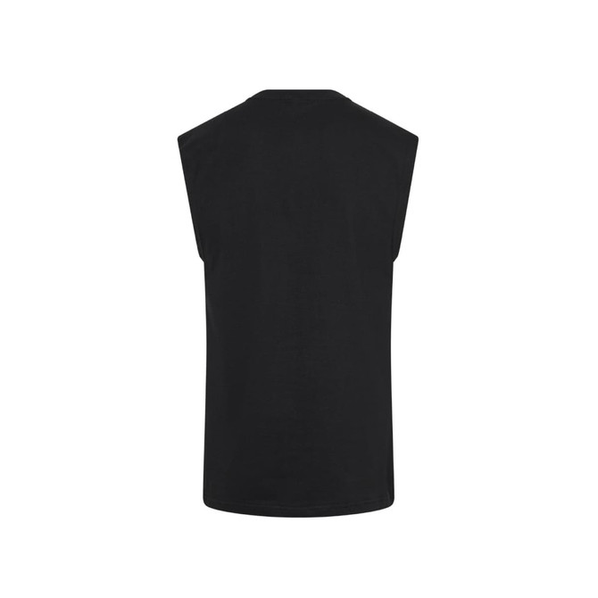 A black men's tank top with a sleeveless design and a logo on the back.