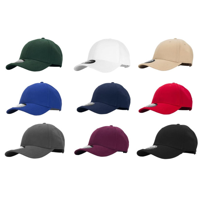 A collection of caps in various colours: green, white, beige, blue, navy, red, grey, maroon, and black, each with a logo.
