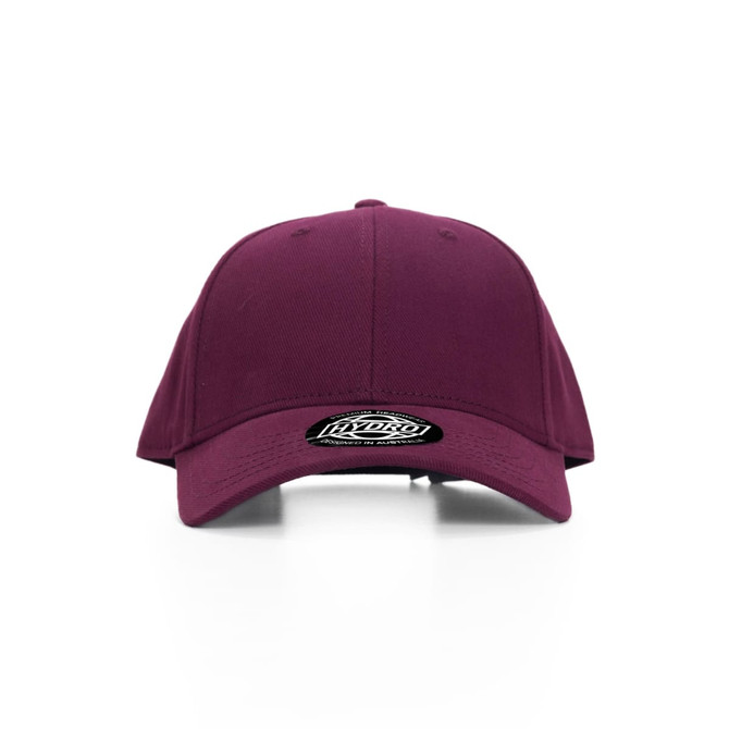 A maroon cap with a curved brim and a logo on the front.