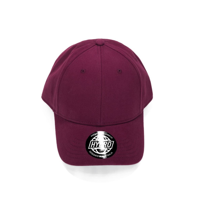 A maroon cap with a rounded crown and a logo on the front. The cap has a smooth texture and no visible embellishments.