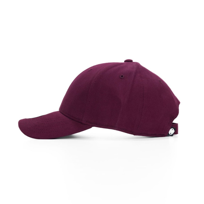 A burgundy cap featuring a curved brim and an adjustable back strap, with a logo on the side.