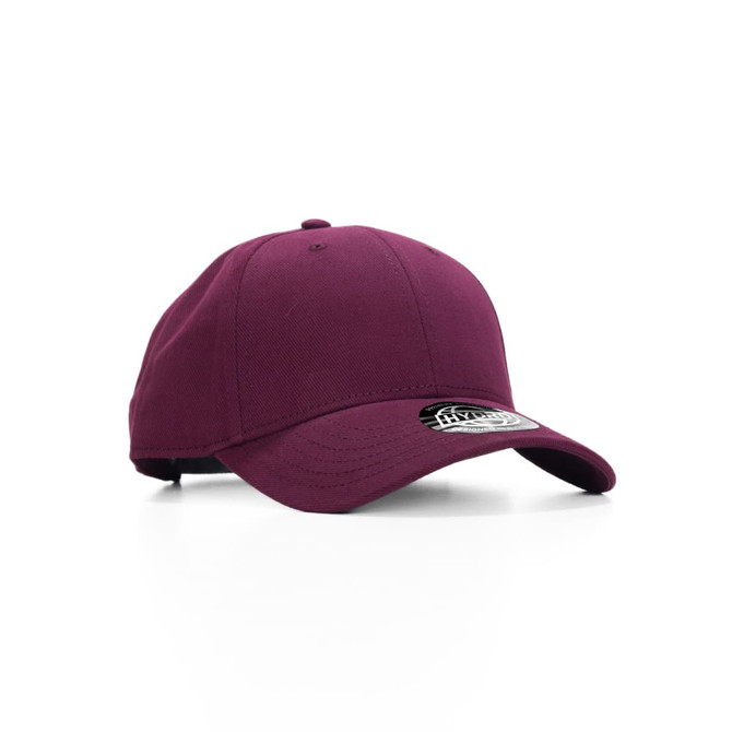 A maroon cap featuring a curved brim and an adjustable strap at the back, with a logo on the front.