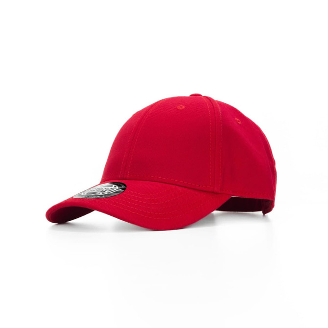 A red cap with a curved brim and a logo on the side.