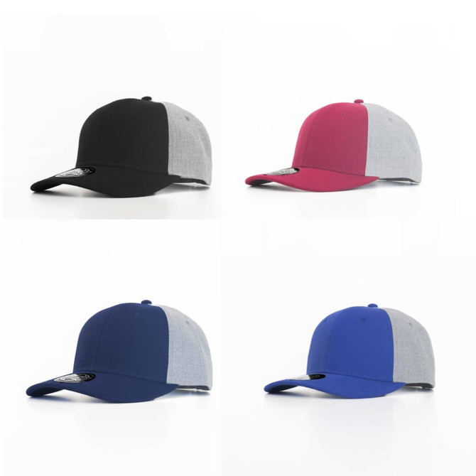 A collection of four caps in various colours: black and grey, burgundy and grey, navy and grey, blue and grey, each with a logo.