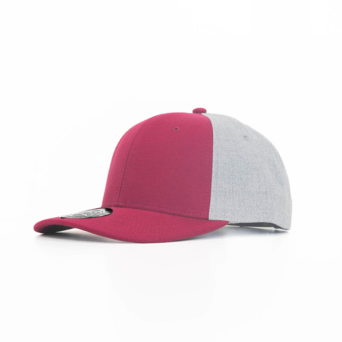 A cap in maroon and grey with a curved brim and a logo on the side.