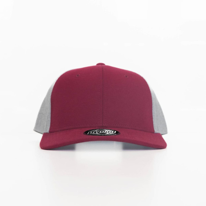 A cap featuring a maroon front and grey mesh back, with a logo on the side.